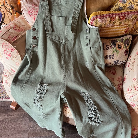 💚Fehrnvi Sage Green Women's Ripped Denim Overalls💚 - Picture 5 of 8